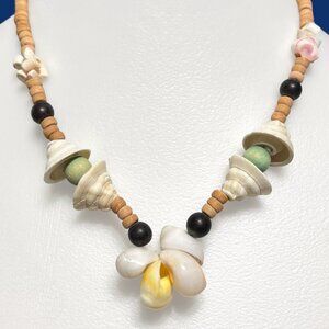 Vintage Shell Necklace Wood Bead Coastal Beach Island Surfer Handcrafted 18"
